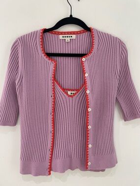 BODEN Rib Knit Cardigan Tank Set in  M Lavender Orange Red Trim Fitted Preppy